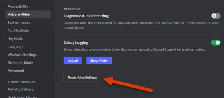 Restablecer la configuración de voz de Discord