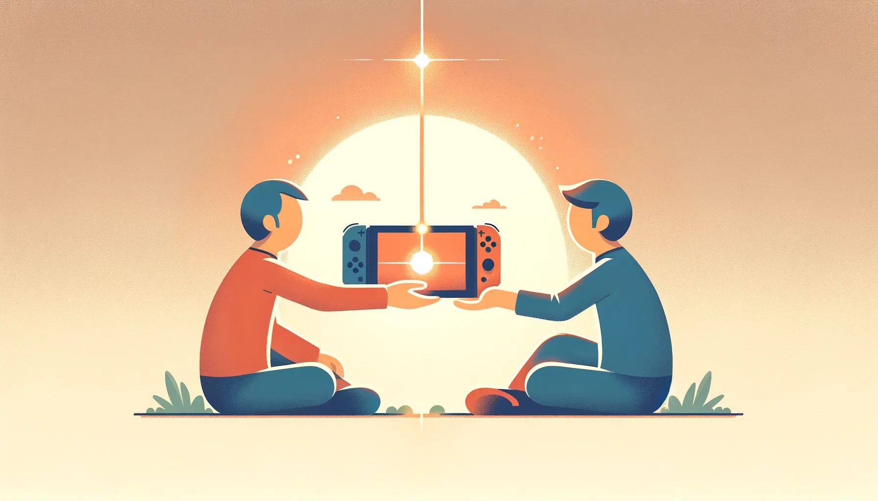 Ilustración con IA de compartir juegos entre amigos con una videoconsola nintendo switch
