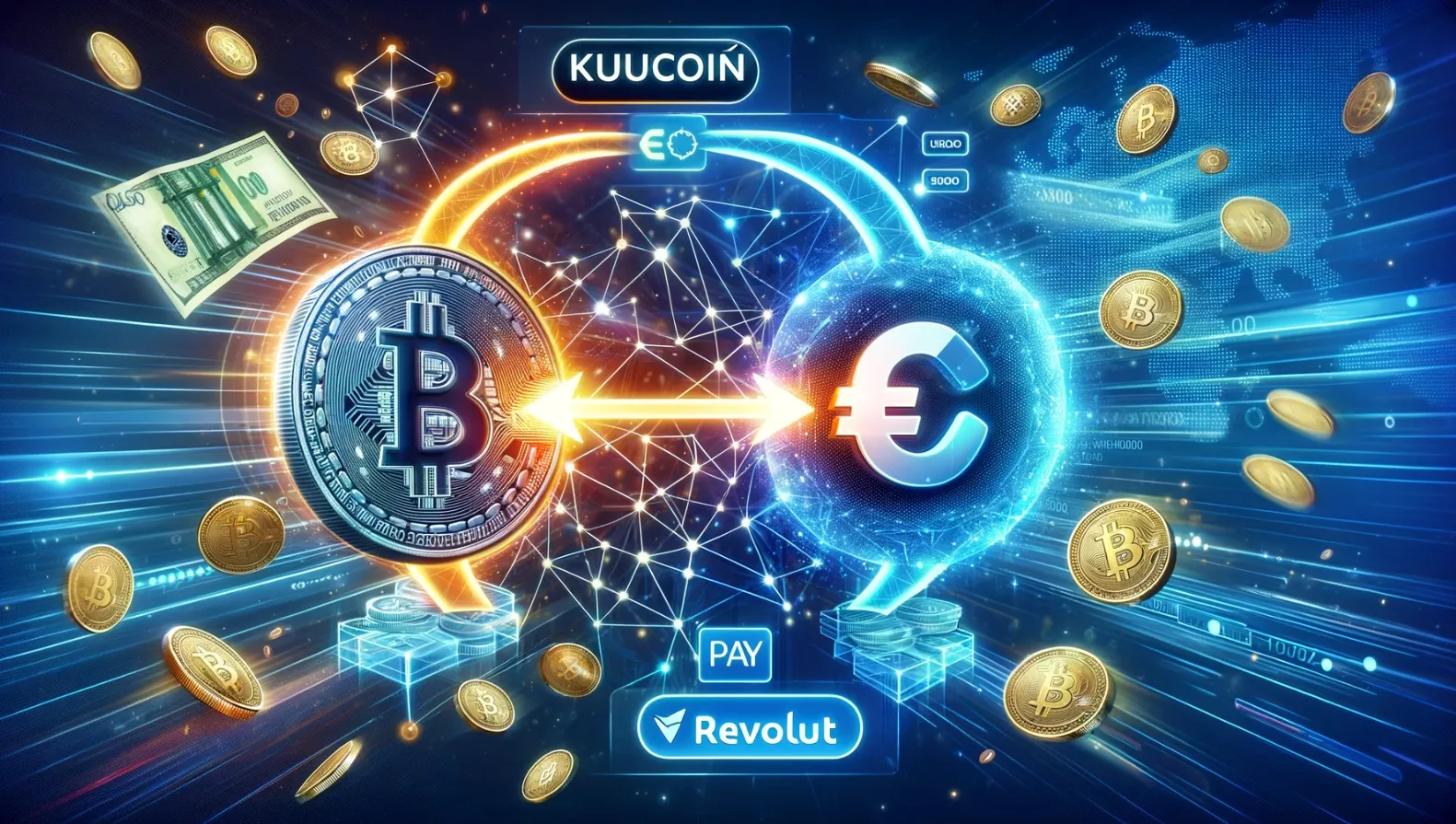 Ilustración con IA de compra de criptomonedas en euros en Kucoin a través de Revolut Pay