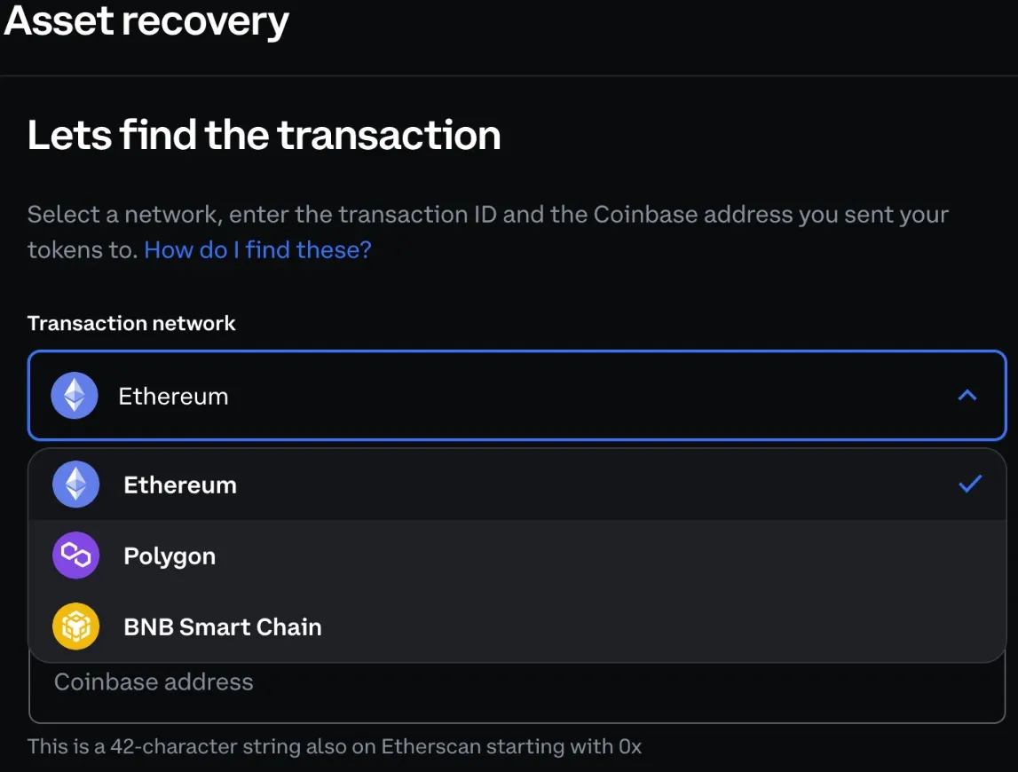 recuperar de tokens en coinbase enviados por error desde la red Polygon o BNB Smart Chain