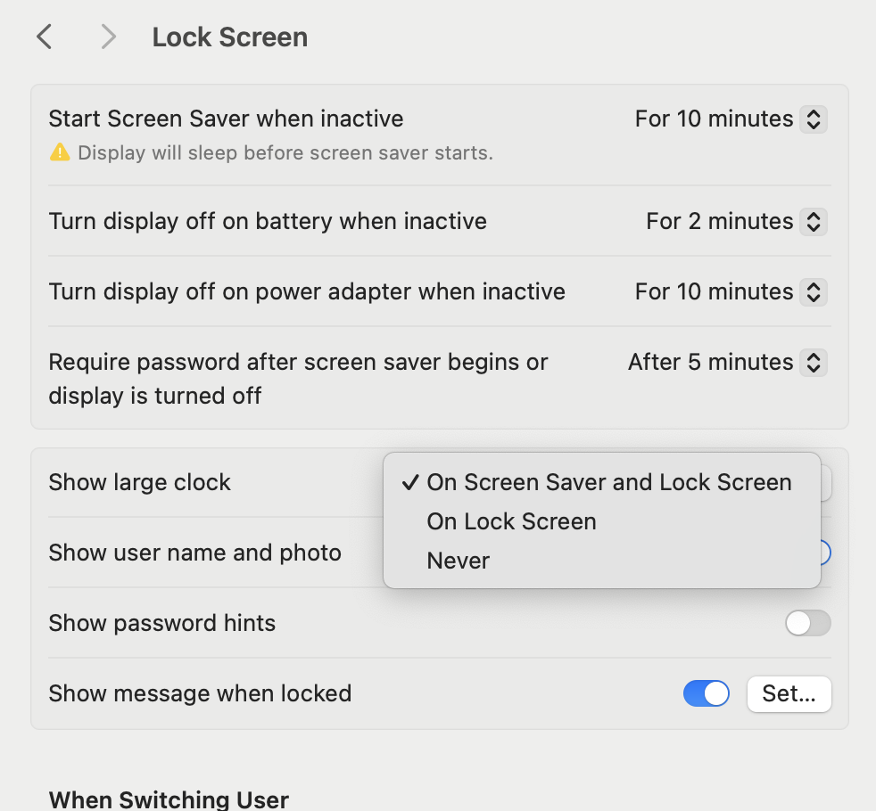 Ocultar el reloj grande en la pantalla de bloqueo/inicio de sesión de Mac