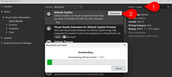 Usar Copilot en Visual Studio con una extensión