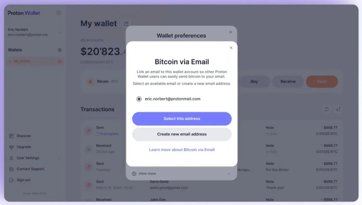 proton wallet: envío de bitcoins mediante emails